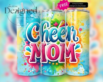 Seamless Cheer Mom PNG, Colorful Party Design, Printable Sublimation Design, 20oz Tumbler Template, Cheer Mom Tumbler Wrap, Watercolor