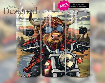 Seamless Highland Cow 20oz Tumbler Wrap PNG Sublimation Design 20oz Skinny Tumbler Instant Digital Download, Cow on Motorbike Motorcycle
