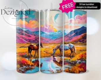 Mountain Tumbler Wrap PNG, 20oz Sublimation Tumbler Designs, 9.3 x 8.2” Straight Skinny Tumbler Wrap PNG, Horse Nature Tumbler Wrap PNG