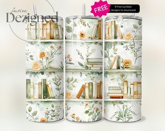 Tumbler Wrap con libri e fiori bianchi e verdi senza cuciture in formato PNG, Tumbler Wrap con libreria, Tumbler Wrap con lettore di libri in formato PNG, Tumbler per amanti dei libri, 20 Oz