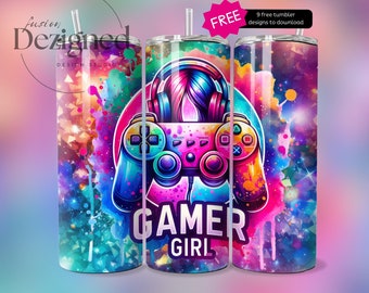 Video Gaming Tumbler, Girl Gamer 20 oz Skinny Tumbler Sublimation Design Digital Download PNG, DIGITAL ONLY, Video Game Player Tumbler Wrap