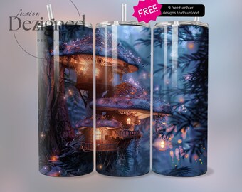 Magic Mushroom Tumbler Wrap | Glowing LIghts Mushrooms Tumbler PNG | 20oz Tumbler Wrap | Cottagecore Tumbler Wrap PNG | Digital Download