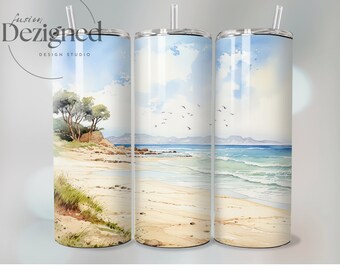 Beach Tumbler PNG, 20oz Tumbler Wrap PNG, Sublimation Design, Instant Digital Download, Watercolor Beach Sublimation