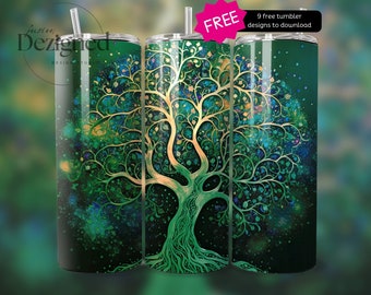 Green Tree of Life PNG, 20oz Sublimation Tumbler Designs, Galaxy 9.3 x 8.2” Straight Skinny Tumbler Wrap PNG