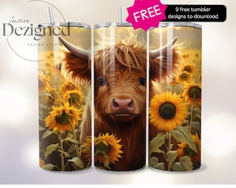 Sunflowers Highland Cow Wrap, 20oz Tumbler Wrap PNG Sublimation Design 20oz Skinny Tumbler Instant Digital Download, Cow Print Tumbler png