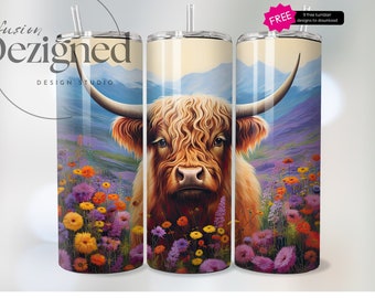 Cute Highland Cow, 20oz Tumbler Wrap PNG Sublimation Designs, Instant Digital Download, Floral Daisy Fields Tumbler png