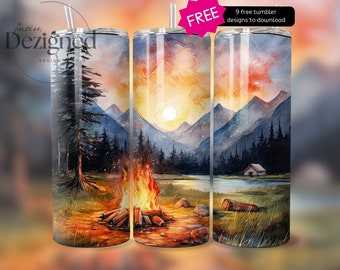 May include: Three stainless steel tumblers with a watercolor design of a mountain scene with a campfire, a lake, and a sunset. The tumblers are 20 oz and have a straw.