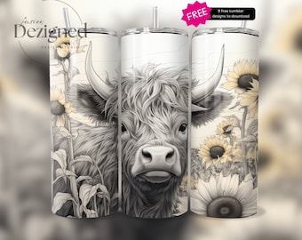 Sunflowers Highland Cow 20oz Tumbler Wrap PNG Sublimation Design Instant Digital Download Yellow