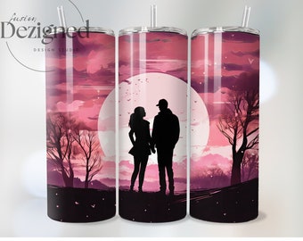 Pareja de San Valentín PNG, vaso delgado de 20 oz con texto "Amor, San Valentín", envoltura de sublimación recta, descarga digital PNG