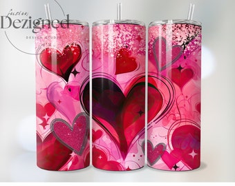 Diseño de vaso sin costuras con corazones de purpurina rosa, vaso delgado de 20 oz con el lema "Amor, San Valentín", envoltura de sublimación recta, descarga digital PNG