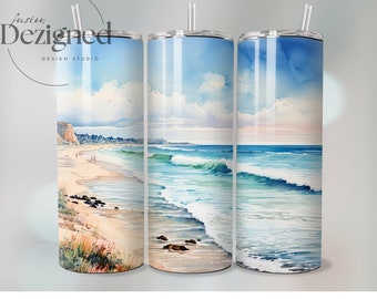 Beach Tumbler PNG, 20oz Tumbler Wrap PNG, Sublimation Design, Instant Digital Download, Watercolor Beach Sublimation