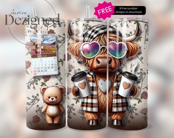 Hot Mess Mom Highland Cow Tumbler Design, Cienkie opakowanie na kubek 20 uncji, Grafika cyfrowa sublimacyjna, Miłośnik kawy, Bezszwowa kokietka PNG