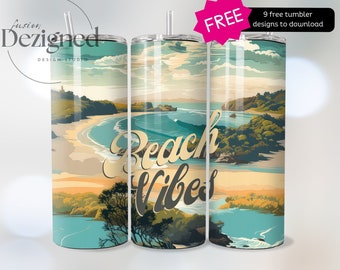 Sömlös retro strandmugg PNG, 20oz tumbler wrap PNG, sublimeringsdesign, omedelbar digital nedladdning, strandvibbar