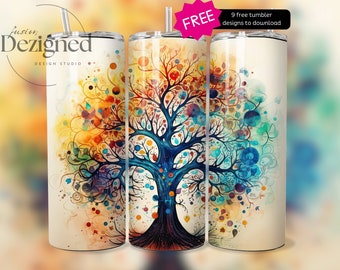 Colorful Tree of Life PNG, 20oz Sublimation Tumbler Designs, Galaxy 9.3 x 8.2” Straight Skinny Tumbler Wrap PNG, On Cream