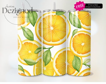 Zitronen Tumbler Wrap PNG, Nahtlos, 20 Unzen Skinny Sublimationsdesign, Digitaler Download PNG, Zitronen Tumblerwrap, Zitrus Aquarell PNG