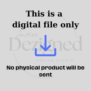 K&ouml;nnte beinhalten: Ein digitales Download-Symbol mit einem blauen Pfeil, der nach unten zeigt. Der Text "Dies ist eine digitale Datei, nur zum Download" befindet sich &uuml;ber dem Symbol. Der Text "fusion Dezined DESIGN STUDIO" befindet sich unter dem Symbol. Der Text "Kein physisches Produkt wird versandt" befindet sich unter dem Text.