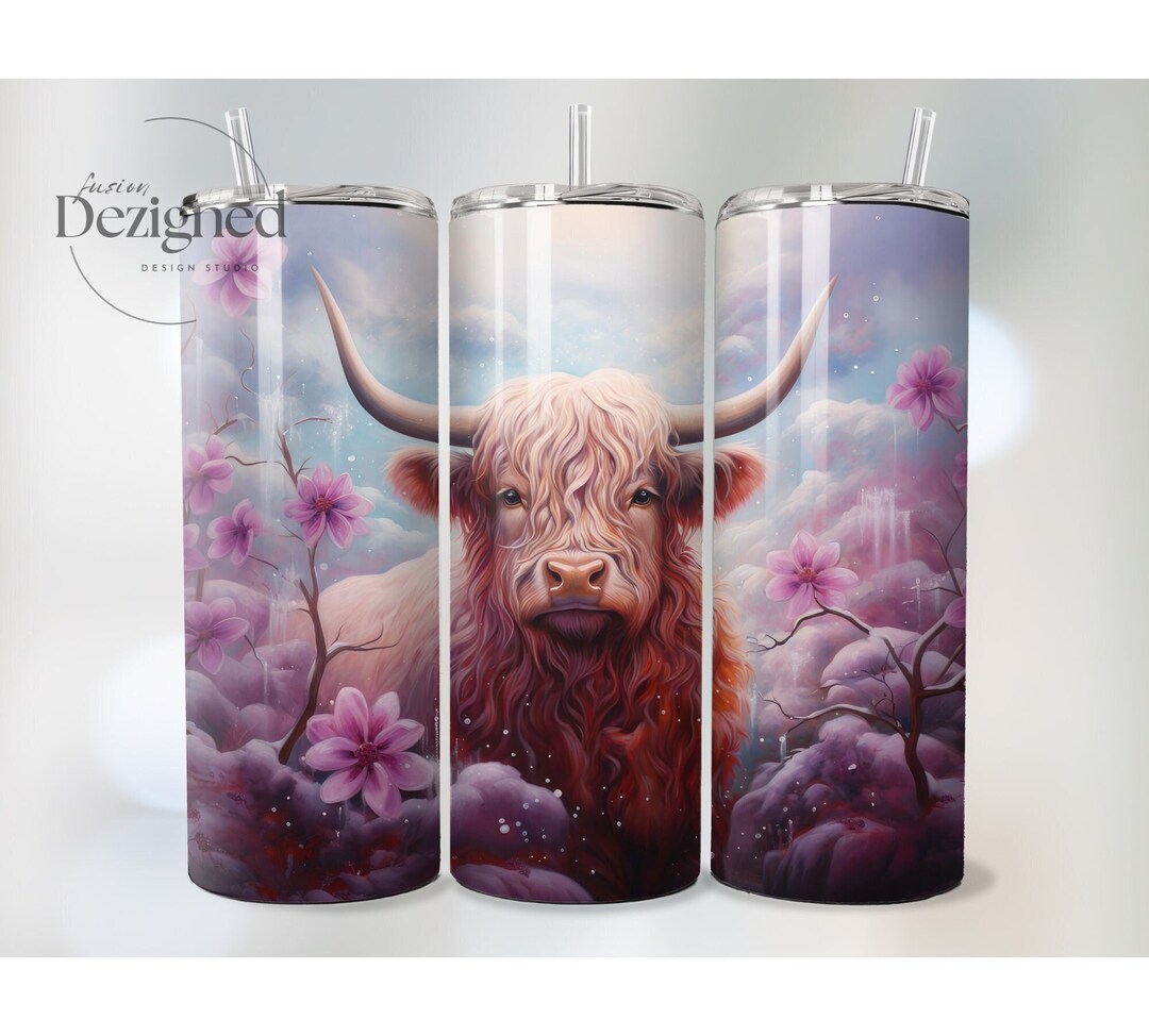 Cute Pink Floral Highland Cow 20oz Tumbler Wrap PNG Sublimation Design ...