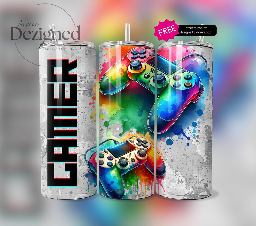 Seamless Gamer 20 Oz Skinny Tumbler Sublimation Design, Neon Video Game ...