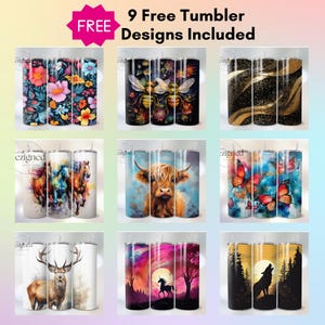 K&ouml;nnte beinhalten: Neun verschiedene Designs f&uuml;r Sublimationsbecher. Die Designs beinhalten eine Biene, eine Kuh, Schmetterlinge, einen Hirsch, ein Einhorn und einen Wolf. Der Text "9 Free Tumbler Designs Included" befindet sich oben im Bild.