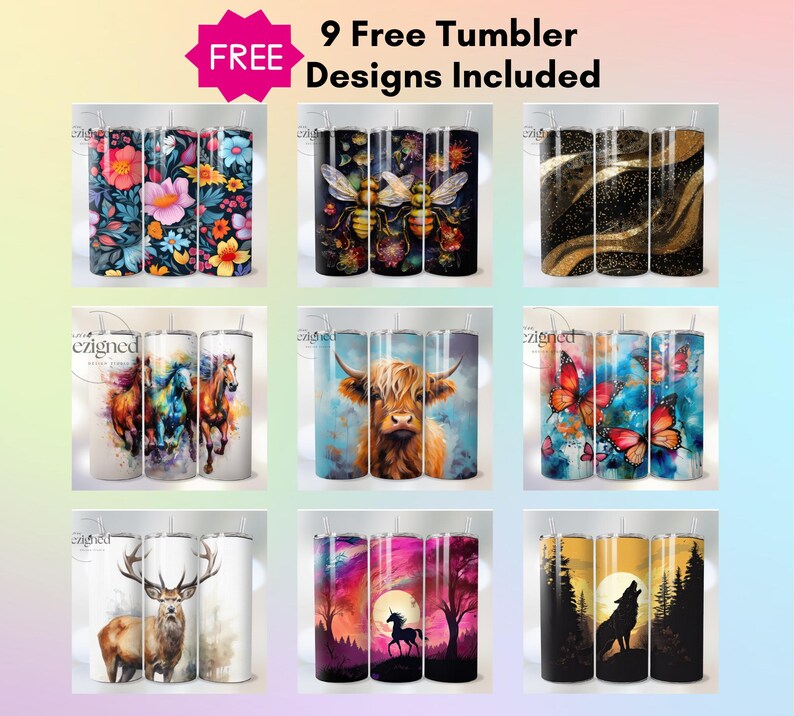 K&ouml;nnte beinhalten: Neun verschiedene Designs f&uuml;r Sublimationsbecher. Die Designs beinhalten eine Biene, eine Kuh, Schmetterlinge, einen Hirsch, ein Einhorn und einen Wolf. Der Text "9 Free Tumbler Designs Included" befindet sich oben im Bild.