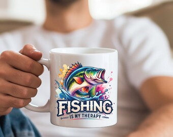 Fishing is My Therapy 11oz & 15oz Mug Template, Fishing Wrap Mug Template, Fathers Day Coffee Mug PNG