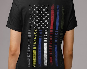 Första hjälpperson, sjuksköterska, hjälteflagga, patriotisk flagga, räddningspersonal, skjorta för sjukvårdspersonal, USA-flaggskjorta, polisskjorta, militärskjorta