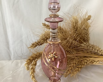 Blown Glass Perfume Bottle Pink and Gold Colored Glass Vintage Bottle