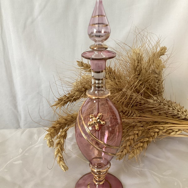 Fiole à Parfum en Verre Soufflé Verre Coloré Rose et Doré Fiole Vintage