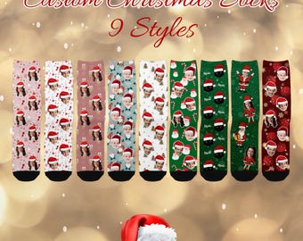 May include: Nine pairs of custom Christmas socks are displayed, each with a unique design. The socks feature various patterns, including faces, Santa hats, and festive graphics. The text "Custom Christmas Socks" and "9 Styles" are visible at the top.