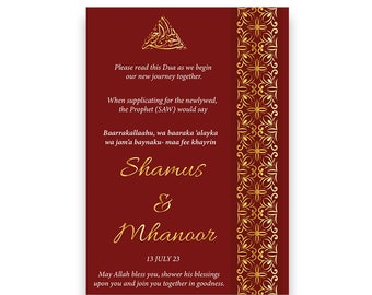 May include: A burgundy wedding invitation with gold calligraphy and a decorative border. The invitation reads "Please read this Dua as we begin our new journey together." and includes the names "Shamus & Mhanoor" and the date "13 JULY 23".