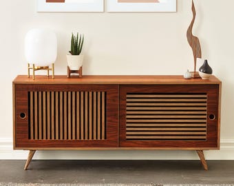 Mid Century Modern Walnut Media Console, TV Stand, Sideboard, Credenza, Vinyl Record Storage, Handmade Furniture