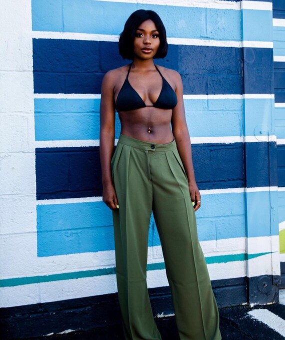 Khaki wide top leg trousers