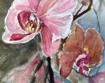 Original Watercolor Painting, Orchid Flowers, Handmade, Hand-Painted (4.9x7)