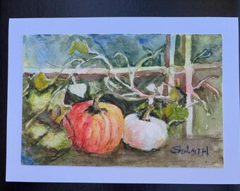 Original Watercolor Card, 5x7, Blank Card, Pumpkin Patch Landscape, Handmade, Hand-Painted