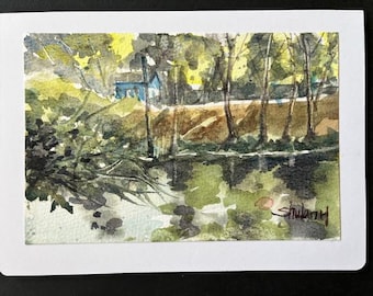 Original Watercolor Card, 5x7, Blank Card, Cottage by the Lake Landscape, Handmade, Hand-Painted