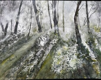 Original Watercolor Painting, Sunlight in the Forest Landscape, Handmade, Hand-Painted (11x15)