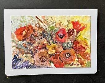 Original Watercolor Card, 5x7, Blank Card, Flower Bouquet, Handmade, Hand-Painted