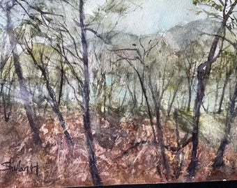 Original Watercolor Painting, Rainy Day by the River Landscape, Handmade, Hand-Painted (7x10.2)
