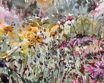 Original Watercolor Painting, Wildflowers in the Hills Landscape, Handmade, Hand-Painted (7x10.2)