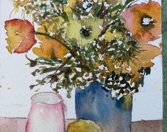Original Watercolor Painting, Flowers and Vase Still Life, Handmade, Hand-Painted (4.9x7)