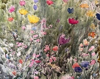 Original Watercolor Painting, Field of Flowers, Handmade, Hand-Painted (10.2x15)
