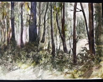 Original Watercolor Painting, Forest in Twilight Landscape, Handmade, Hand-Painted (11x15)