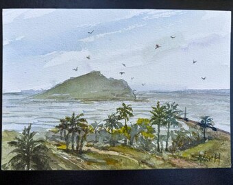 Original Watercolor Painting, Island Beach Landscape, Handmade, Hand-Painted (5x7)