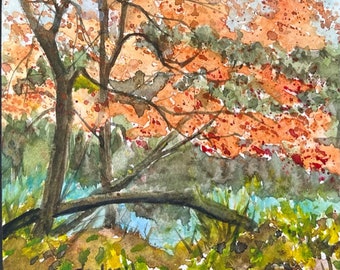 Original Watercolor Painting, Fall Tree Landscape, Handmade, Hand-Painted (6x6)