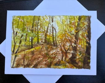 Original Watercolor Card, 5x7, Blank Card, Autumn Forest Landscape, Handmade, Hand-Painted