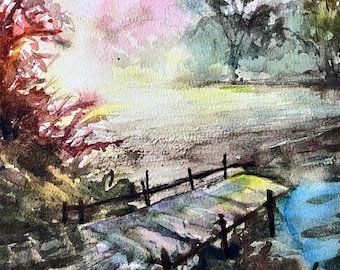 Original Watercolor Painting, By the Lake Landscape, Handmade, Hand-Painted (7x10.2)
