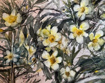 Original Watercolor Painting, Yellow Flowers, Handmade, Hand-Painted (11.69x16.53)
