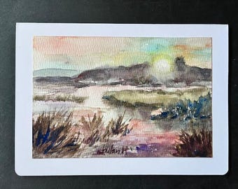 Original Watercolor Card, 5x7, Blank Card, River Landscape, Handmade, Hand-Painted