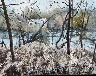 Original Watercolor Painting, Cottage by the River Landscape, Handmade, Hand-Painted (7x10.2)
