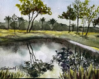 Original Watercolor Painting, Springtime at the Park Landscape, Handmade, Hand-Painted (6x8)
